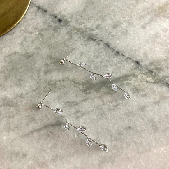 Leaflet Stem Needle Willow Cubic Zirconia Silver Drop Earrings - Picture 4 of 7